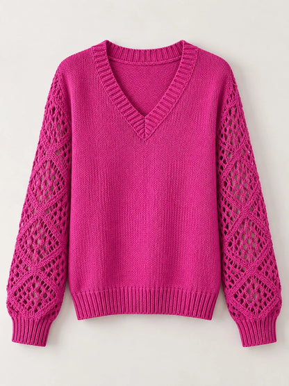 Full Size V-Neck Hollow-Out Long Sleeve Sweater Plus Size - Bitsy Gypsy Boutique