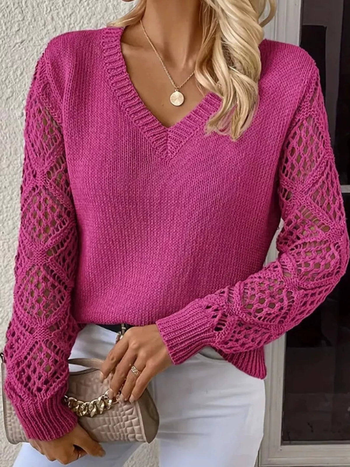Full Size V-Neck Hollow-Out Long Sleeve Sweater Plus Size - Bitsy Gypsy Boutique