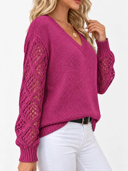 Full Size V-Neck Hollow-Out Long Sleeve Sweater Plus Size - Bitsy Gypsy Boutique