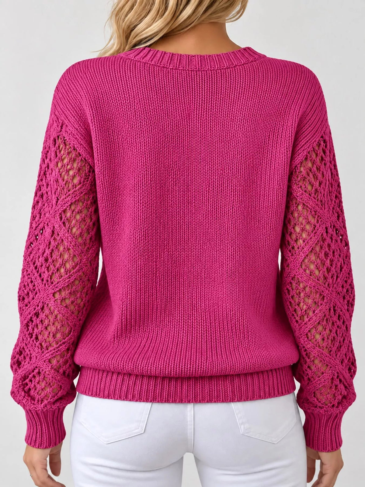 Full Size V-Neck Hollow-Out Long Sleeve Sweater Plus Size - Bitsy Gypsy Boutique