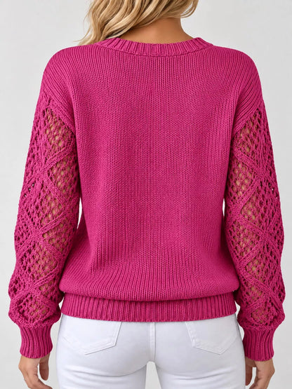 Full Size V-Neck Hollow-Out Long Sleeve Sweater Plus Size - Bitsy Gypsy Boutique
