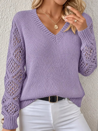 Full Size V-Neck Hollow-Out Long Sleeve Sweater Plus Size - Bitsy Gypsy Boutique