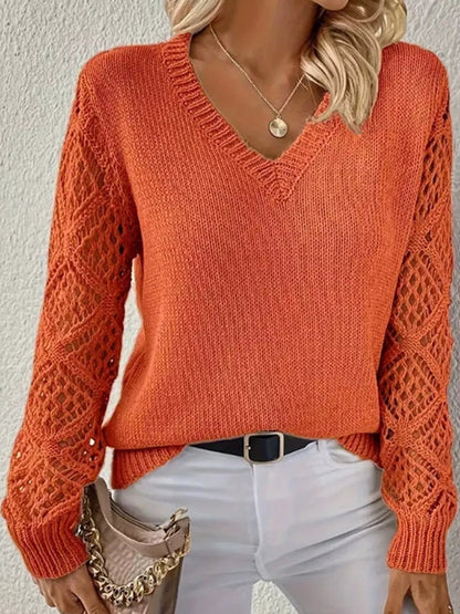 Full Size V-Neck Hollow-Out Long Sleeve Sweater Plus Size - Bitsy Gypsy Boutique