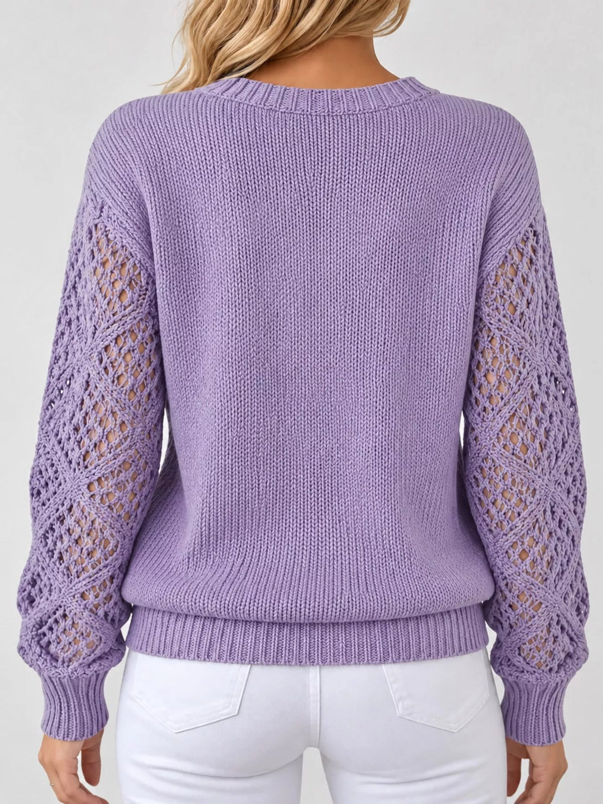 Full Size V-Neck Hollow-Out Long Sleeve Sweater Plus Size - Bitsy Gypsy Boutique