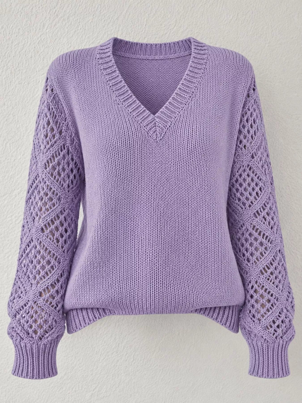 Full Size V-Neck Hollow-Out Long Sleeve Sweater Plus Size - Bitsy Gypsy Boutique