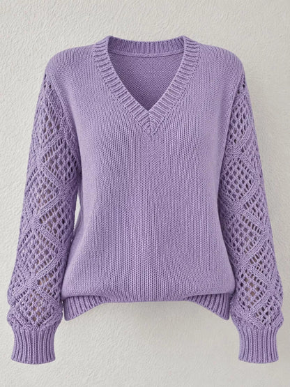 Full Size V-Neck Hollow-Out Long Sleeve Sweater Plus Size - Bitsy Gypsy Boutique