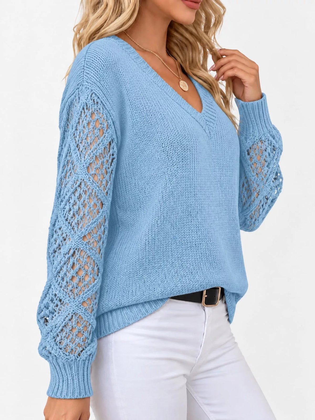 Full Size V-Neck Hollow-Out Long Sleeve Sweater Plus Size - Bitsy Gypsy Boutique