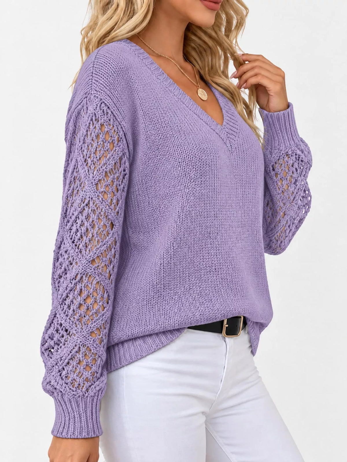 Full Size V-Neck Hollow-Out Long Sleeve Sweater Plus Size - Bitsy Gypsy Boutique