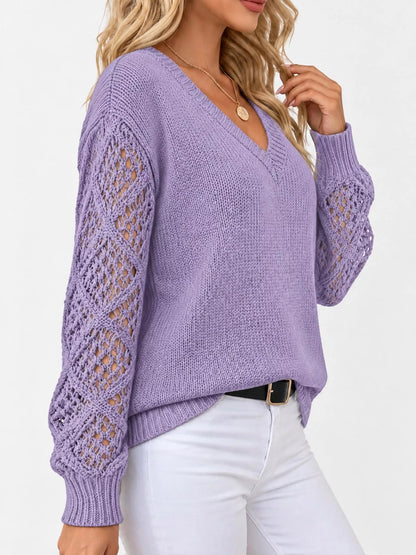 Full Size V-Neck Hollow-Out Long Sleeve Sweater Plus Size - Bitsy Gypsy Boutique