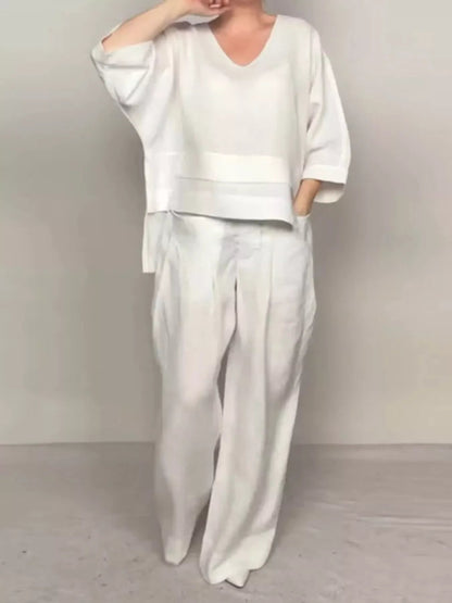 Full Size V-Neck Long Sleeve Top and Pants Set Plus Size - Bitsy Gypsy Boutique