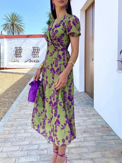 Full Size V-Neck Puff Sleeve Floral Print Dress Plus Size - Bitsy Gypsy Boutique