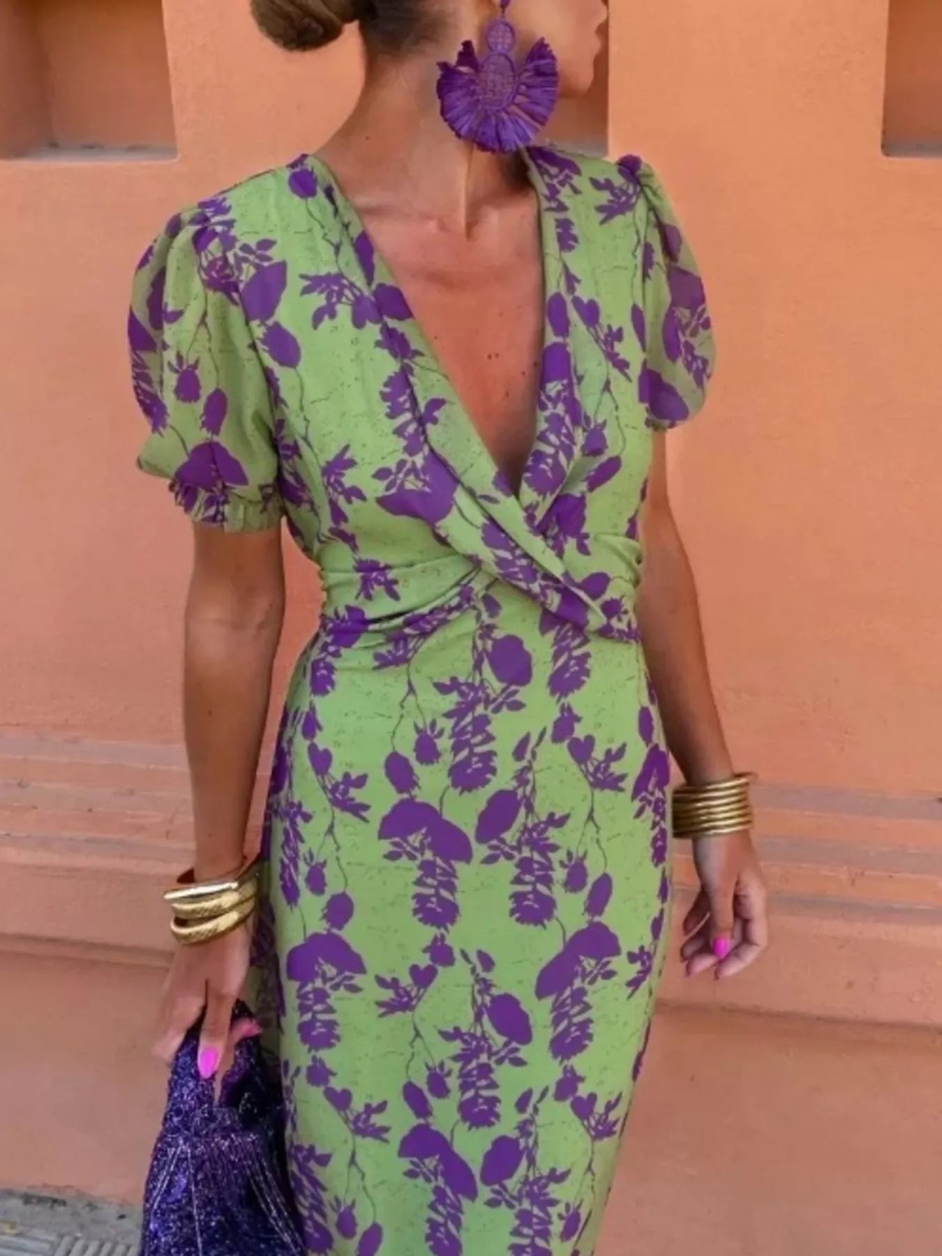Full Size V-Neck Puff Sleeve Floral Print Dress Plus Size - Bitsy Gypsy Boutique