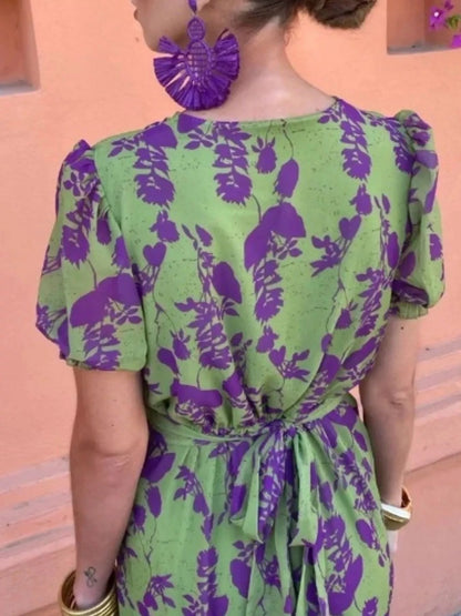 Full Size V-Neck Puff Sleeve Floral Print Dress Plus Size - Bitsy Gypsy Boutique