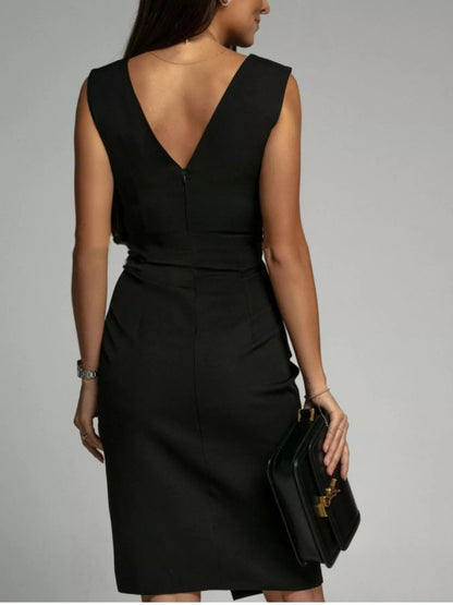 Full Size V-Neck Sleeveless Ruched Midi Dress with Slit Plus Size - Bitsy Gypsy Boutique