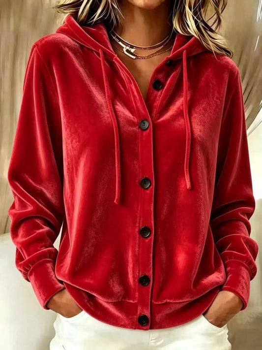Full Size Velvet Button-Down Hooded Outerwear Plus Size - Bitsy Gypsy Boutique