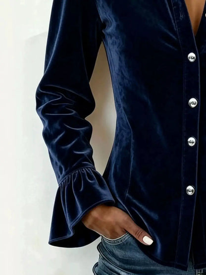 Velvet Button Up Flare Sleeve Shirt by Trendsi