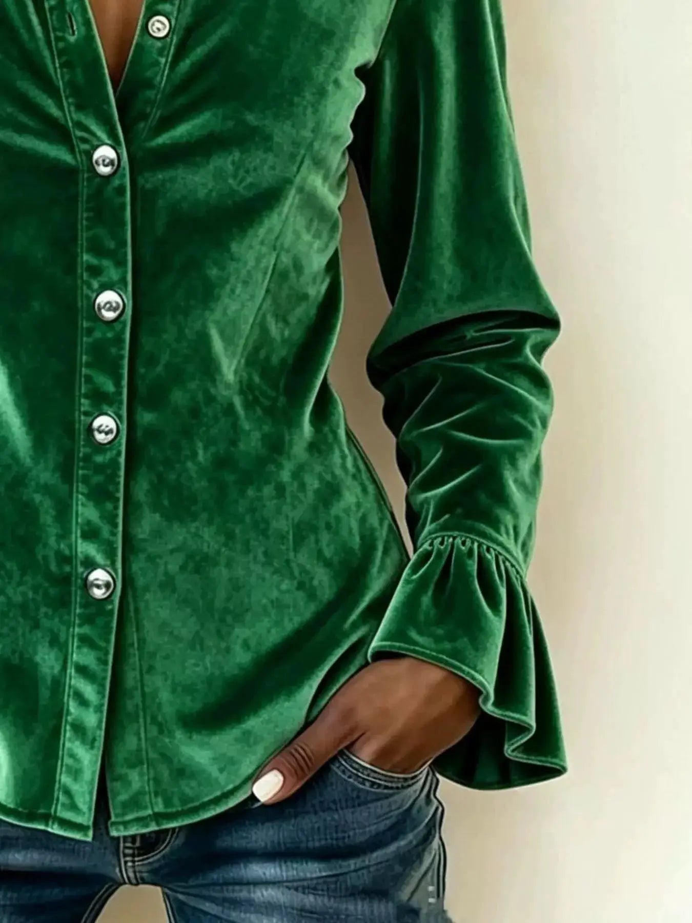 Velvet Button Up Flare Sleeve Shirt by Trendsi