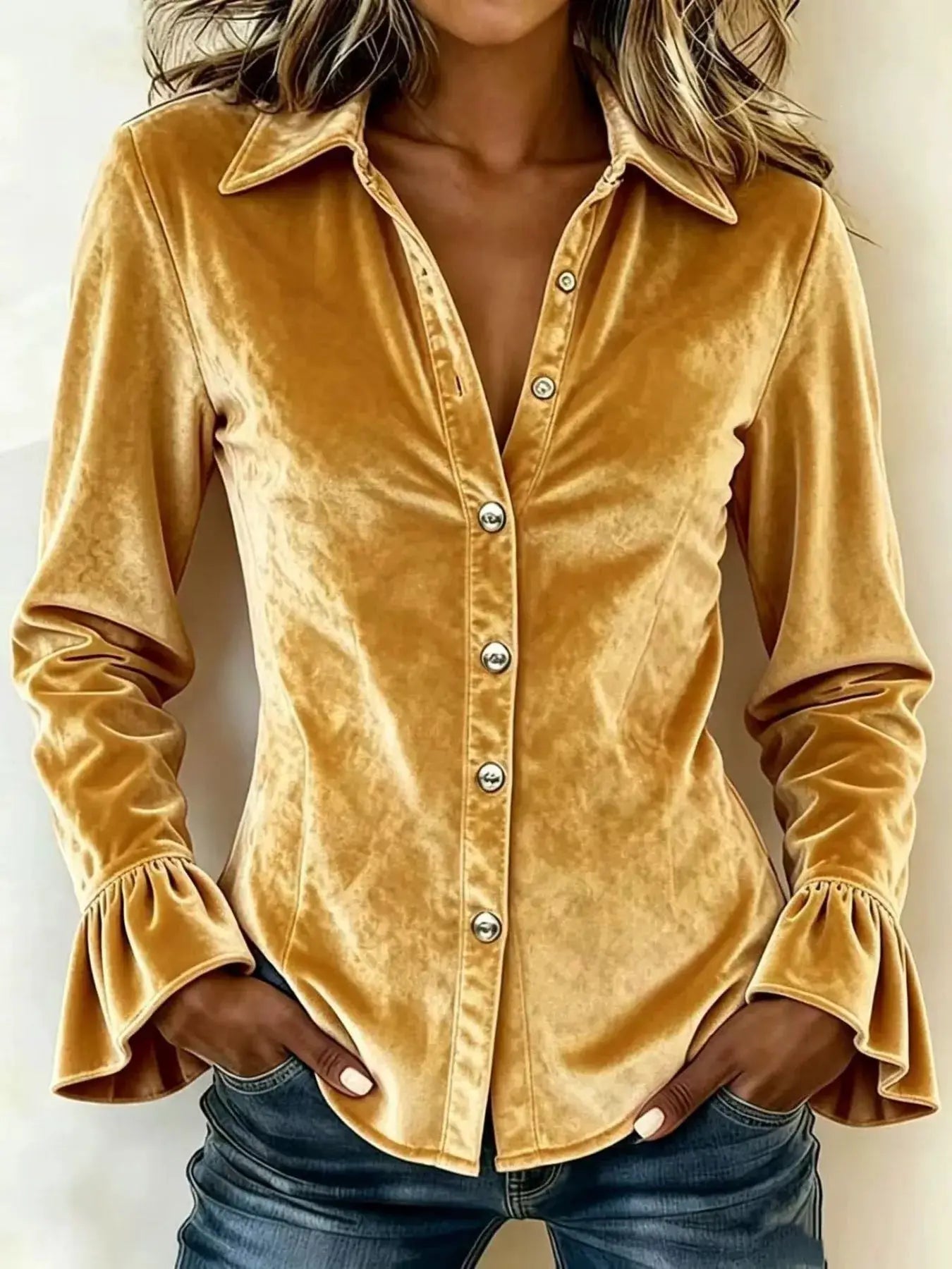 Velvet Button Up Flare Sleeve Shirt by Trendsi