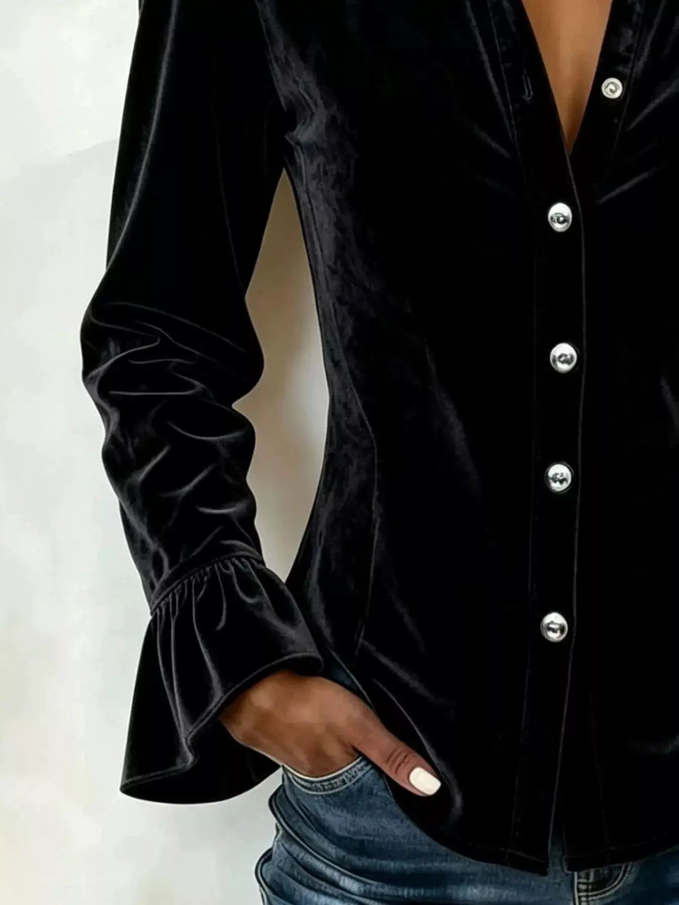 Velvet Button Up Flare Sleeve Shirt by Trendsi