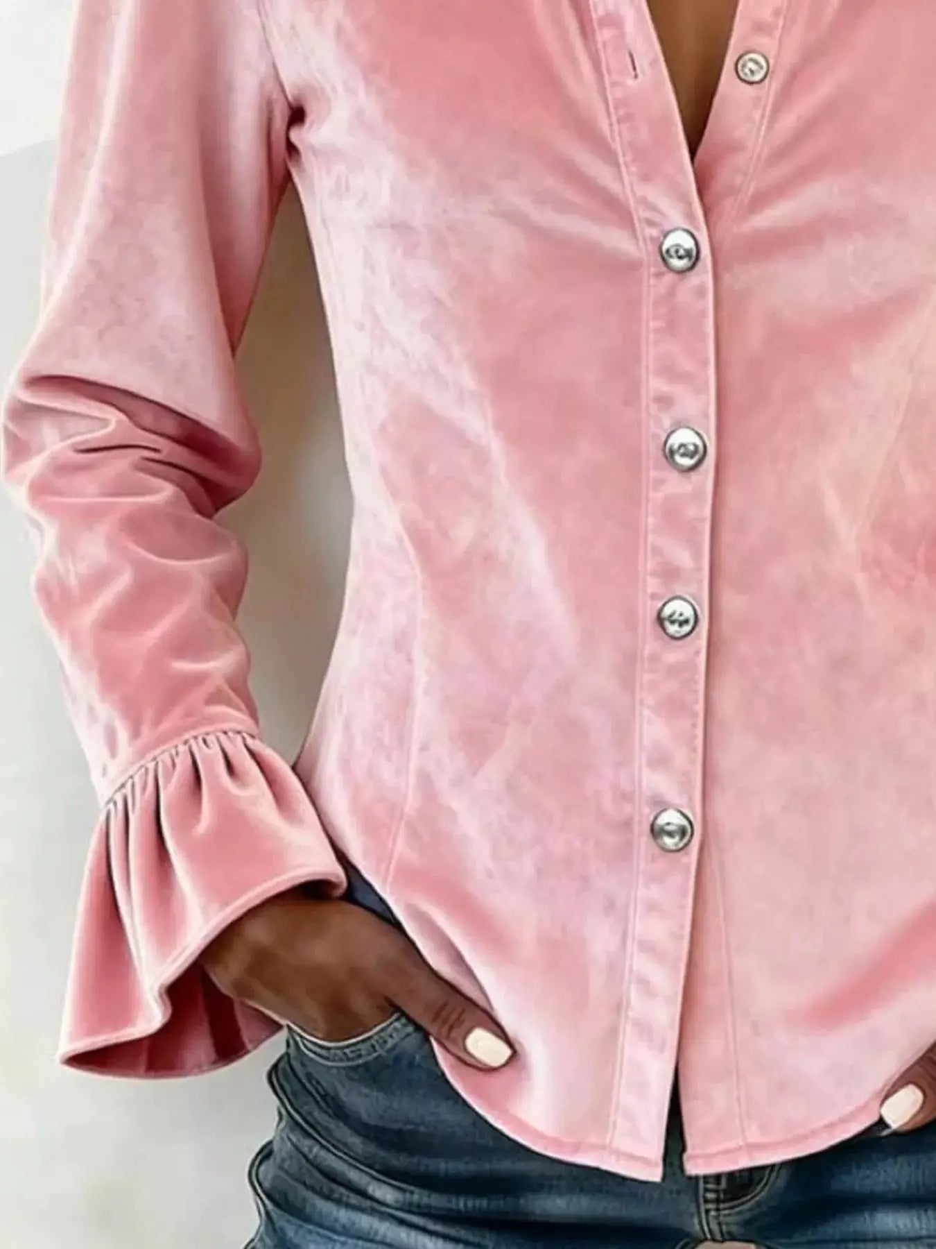 Velvet Button Up Flare Sleeve Shirt by Trendsi