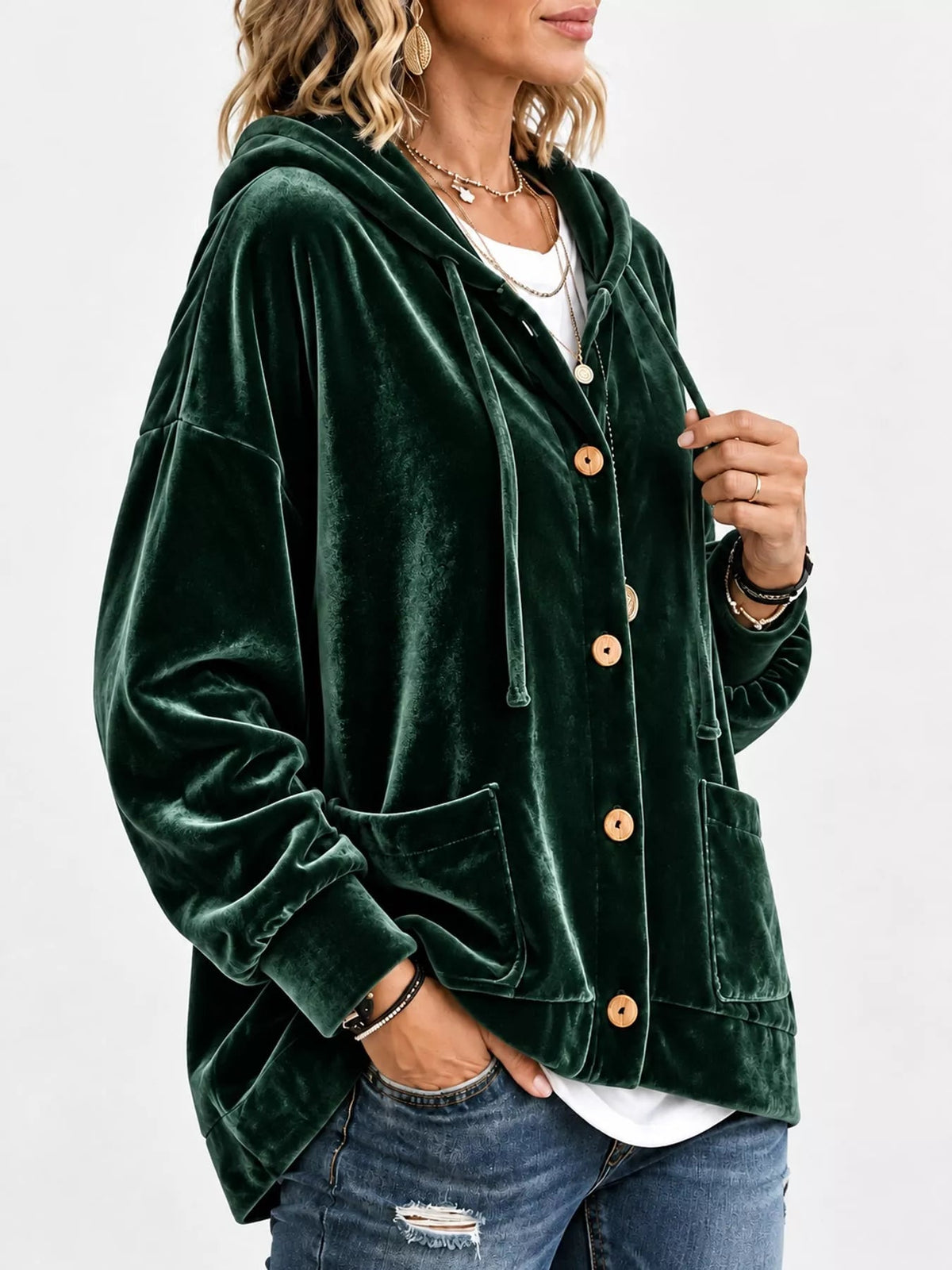 Full Size Velvet Dropped Shoulder Hoodie Plus Size - Bitsy Gypsy Boutique