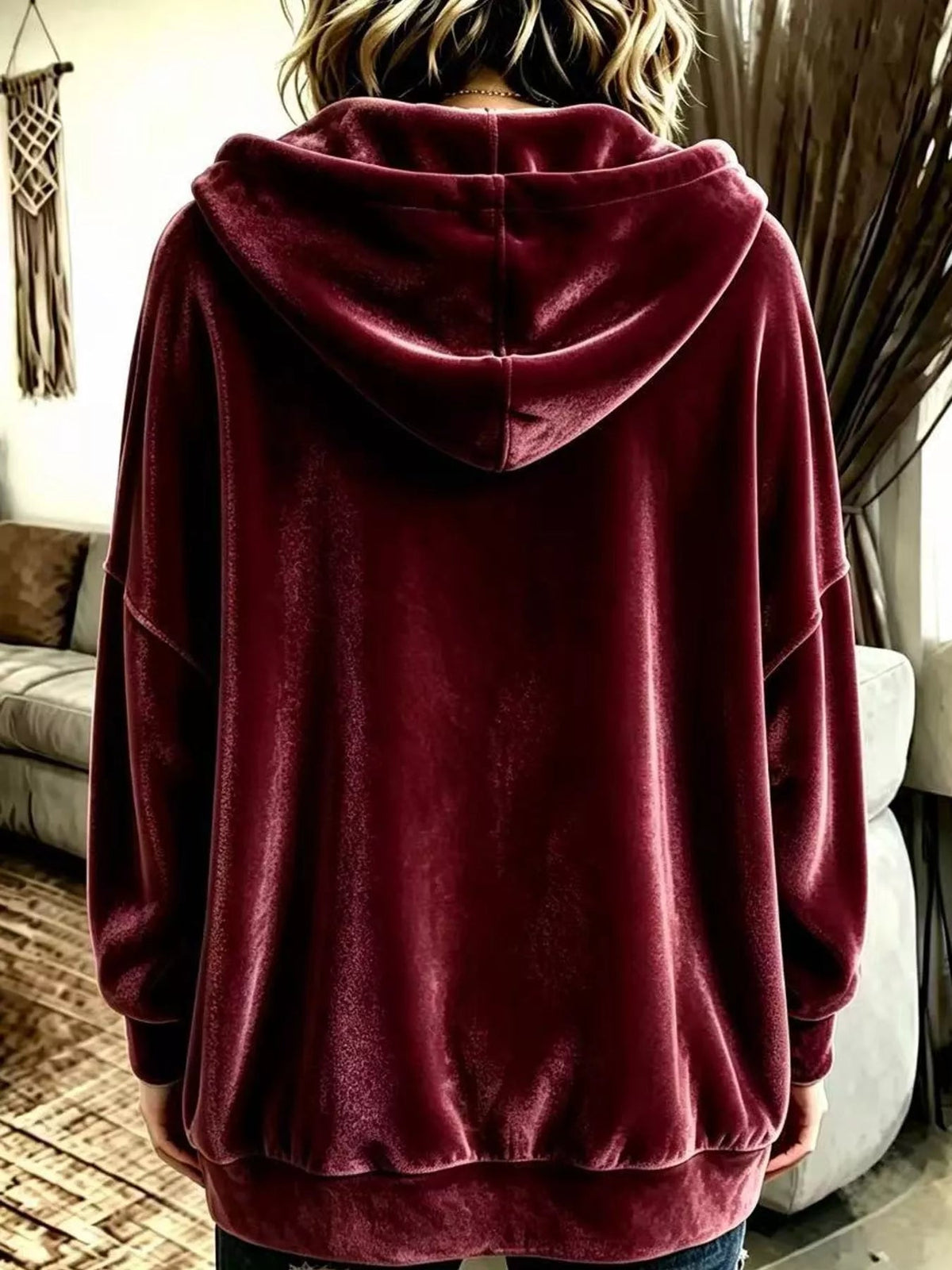 Full Size Velvet Dropped Shoulder Hoodie Plus Size - Bitsy Gypsy Boutique