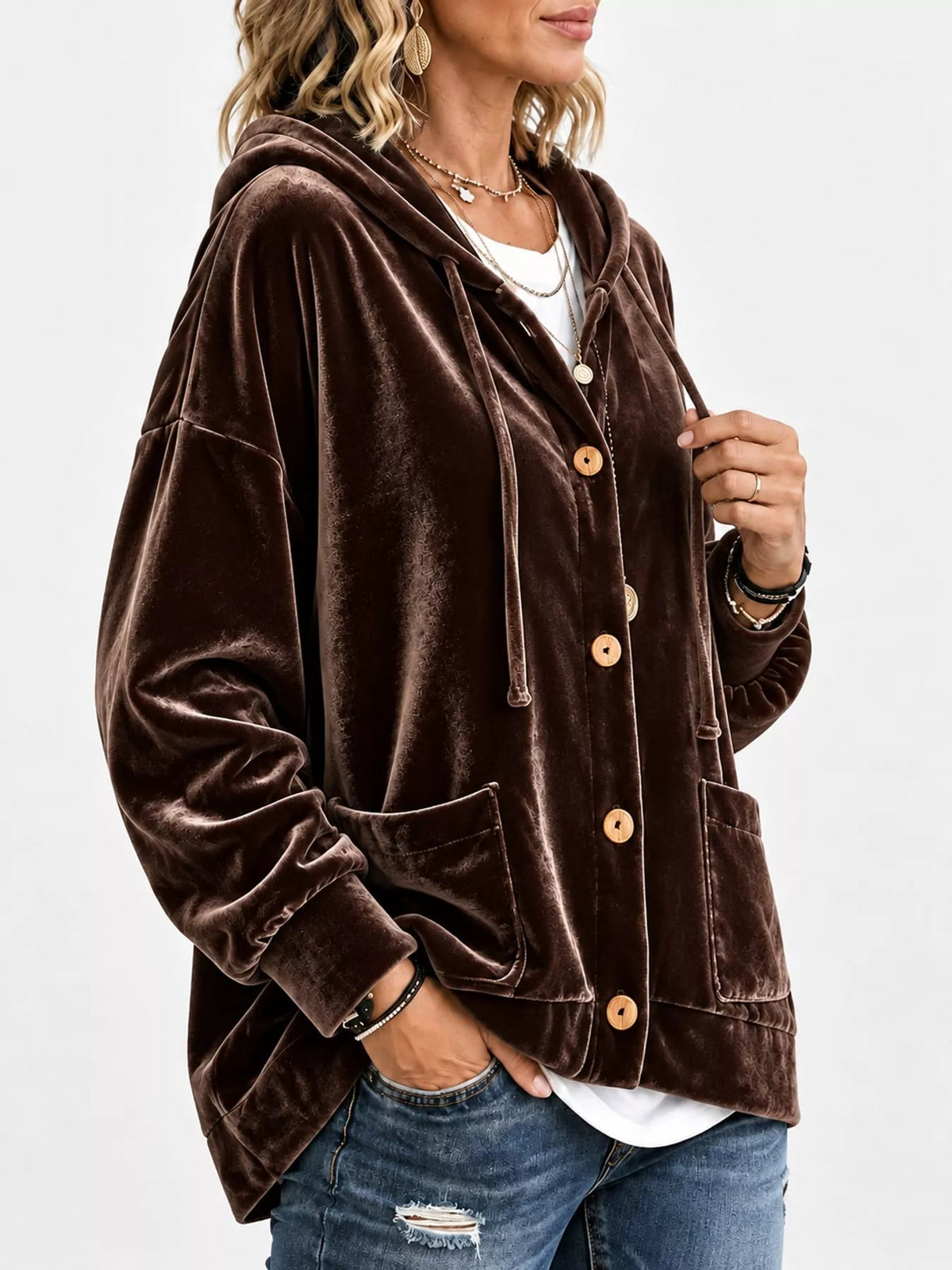 Full Size Velvet Dropped Shoulder Hoodie Plus Size - Bitsy Gypsy Boutique