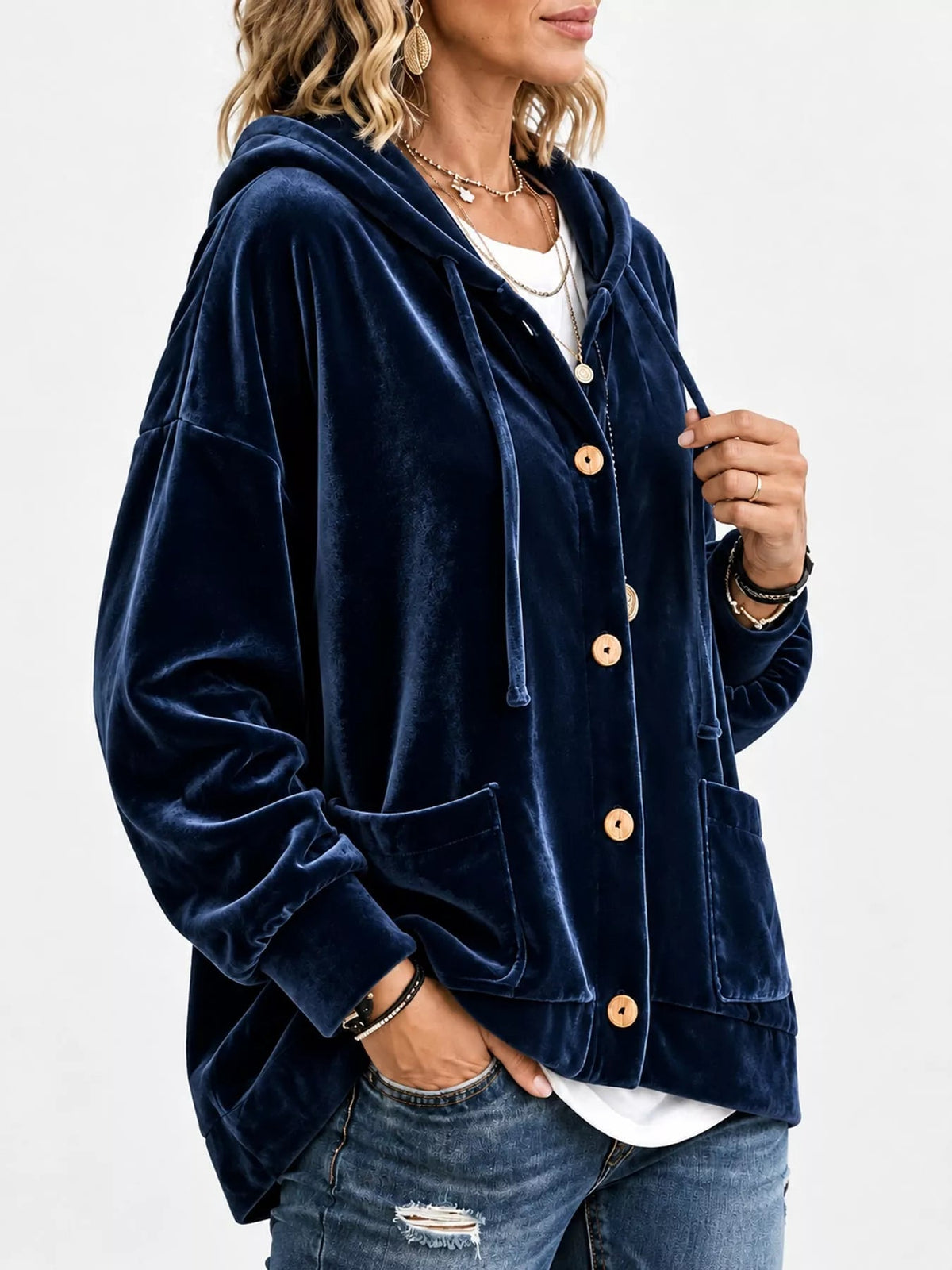 Full Size Velvet Dropped Shoulder Hoodie Plus Size - Bitsy Gypsy Boutique