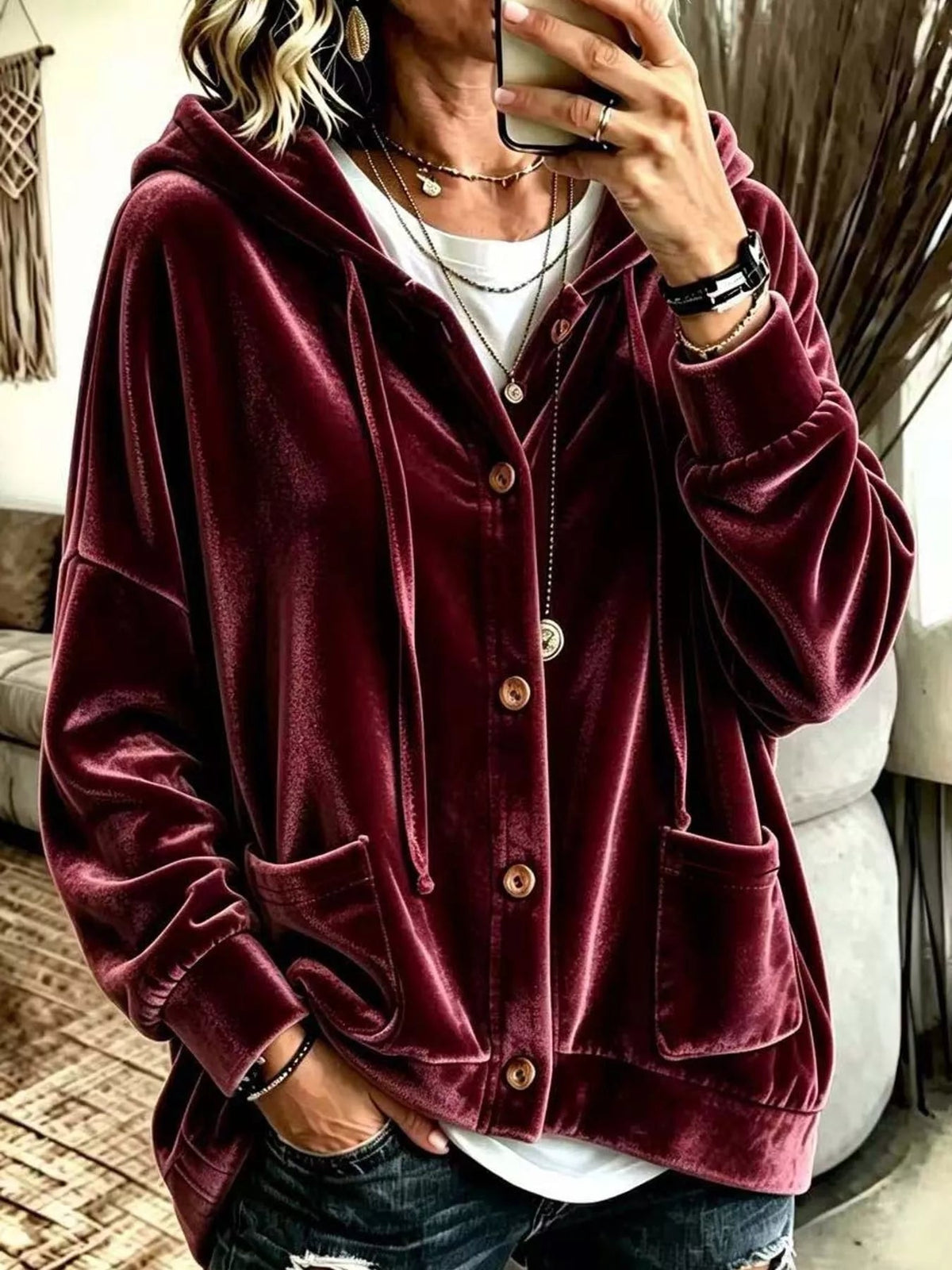 Full Size Velvet Dropped Shoulder Hoodie Plus Size - Bitsy Gypsy Boutique