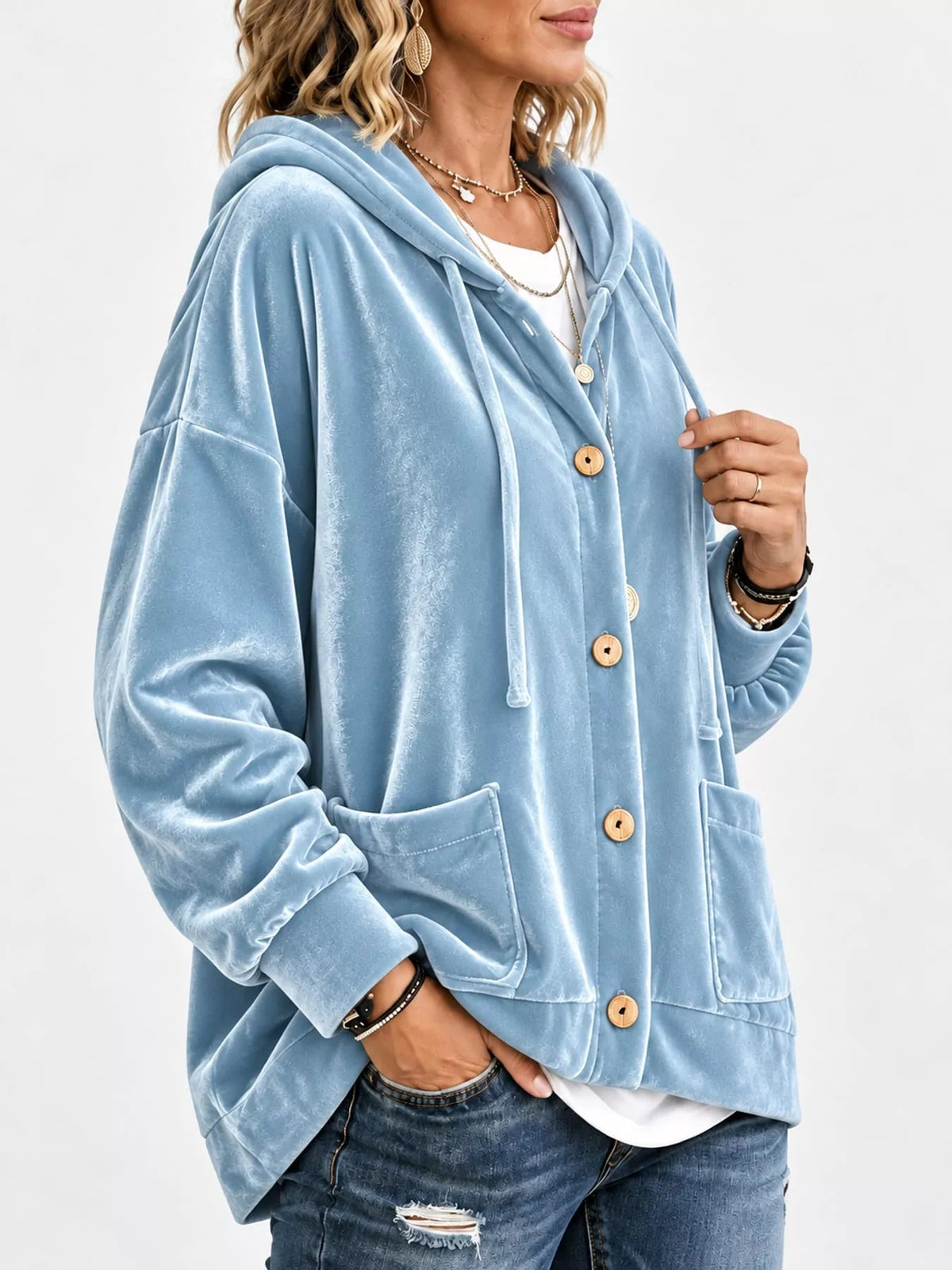 Full Size Velvet Dropped Shoulder Hoodie Plus Size - Bitsy Gypsy Boutique