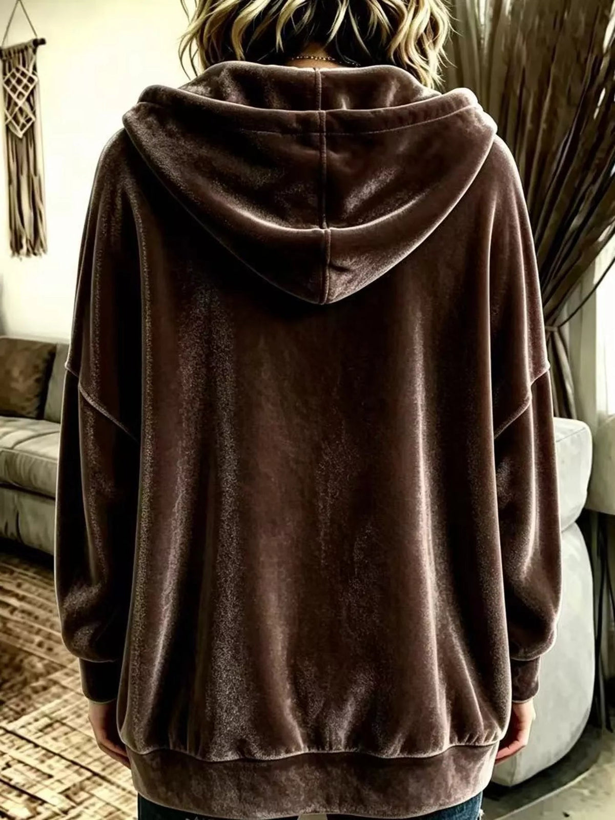Full Size Velvet Dropped Shoulder Hoodie Plus Size - Bitsy Gypsy Boutique