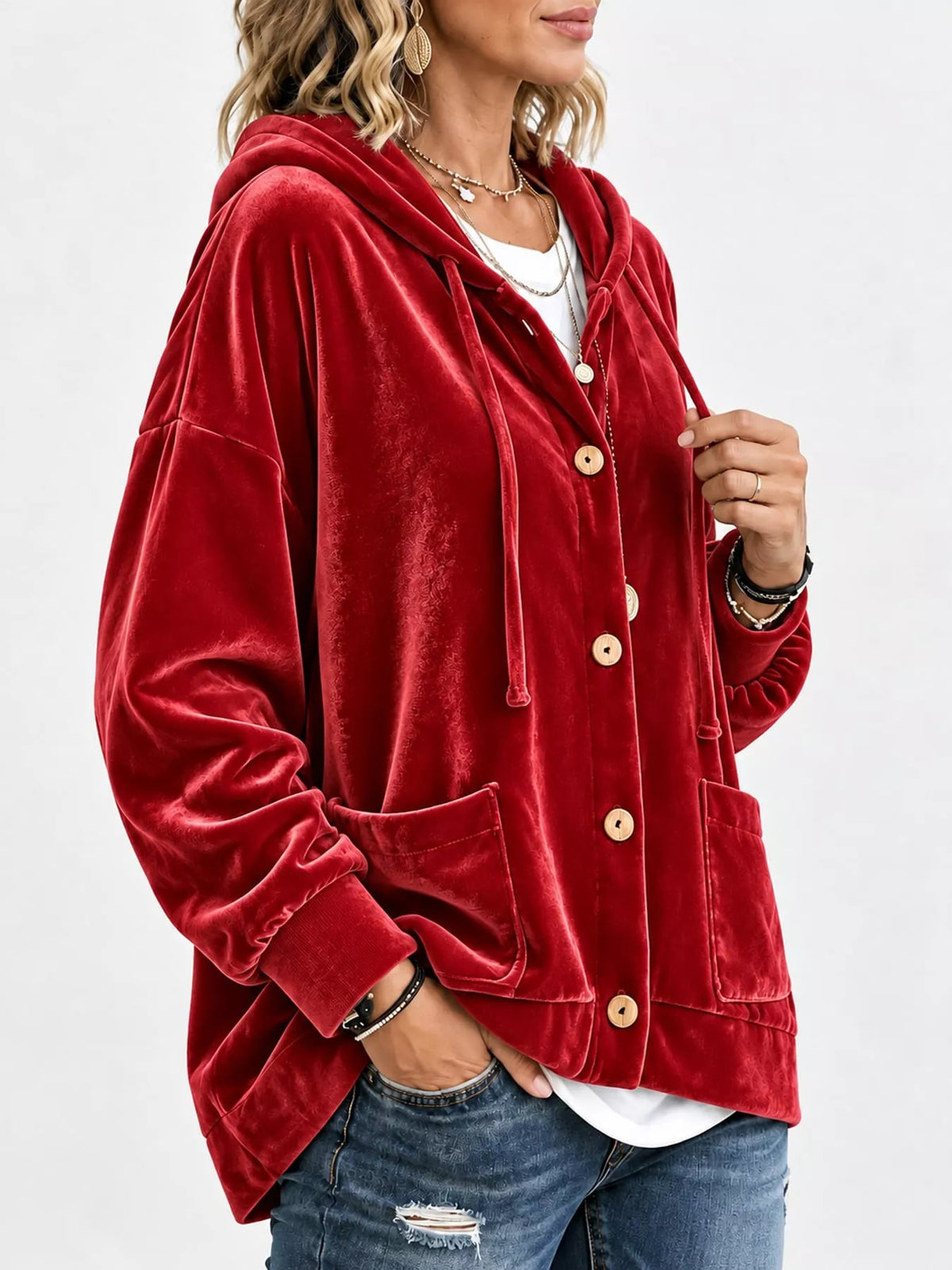 Full Size Velvet Dropped Shoulder Hoodie Plus Size - Bitsy Gypsy Boutique