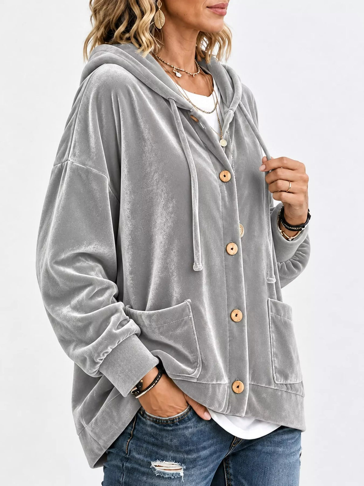 Full Size Velvet Dropped Shoulder Hoodie Plus Size - Bitsy Gypsy Boutique