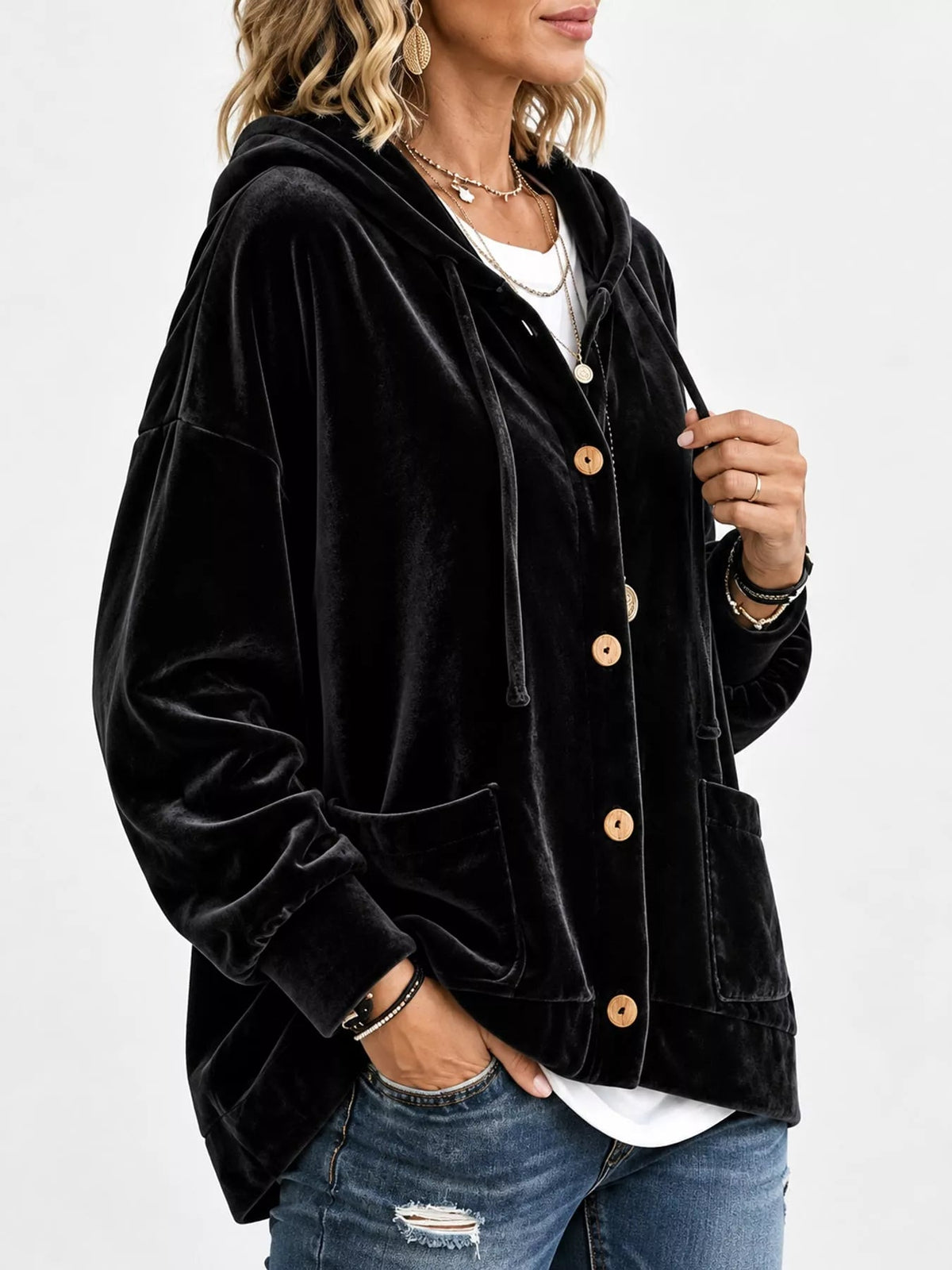 Full Size Velvet Dropped Shoulder Hoodie Plus Size - Bitsy Gypsy Boutique