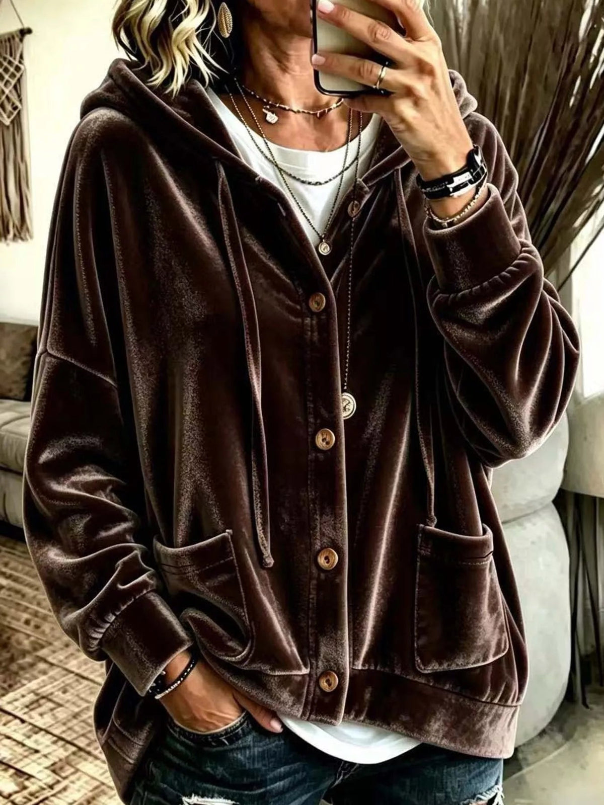 Full Size Velvet Dropped Shoulder Hoodie Plus Size - Bitsy Gypsy Boutique