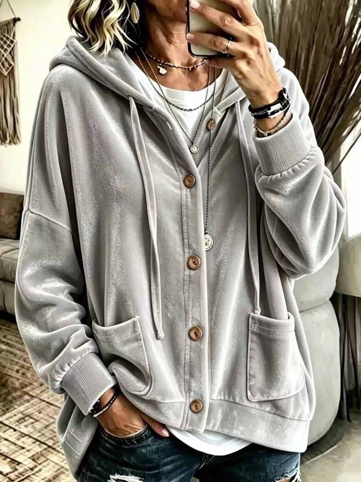 Full Size Velvet Dropped Shoulder Hoodie Plus Size - Bitsy Gypsy Boutique