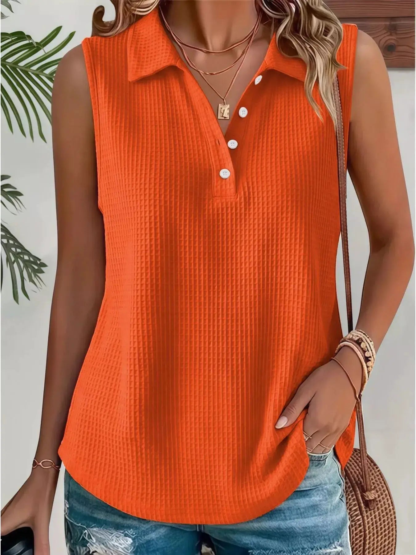 Full Size Waffle Knit Button Detail Sleeveless Top Plus Size by Trendsi