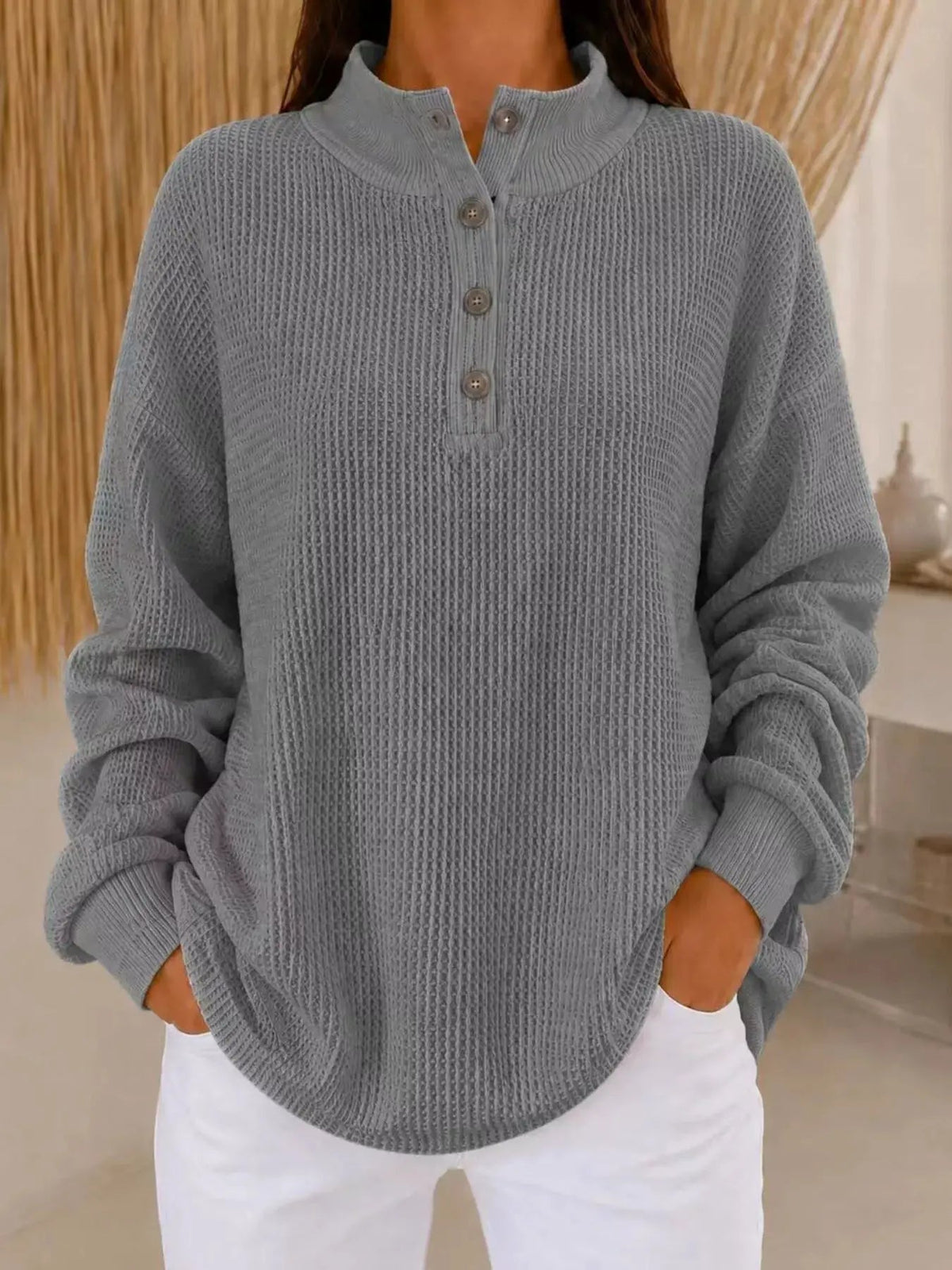 Full Size Waffle Knit Button Detail Sweatshirt Plus Size - Bitsy Gypsy Boutique