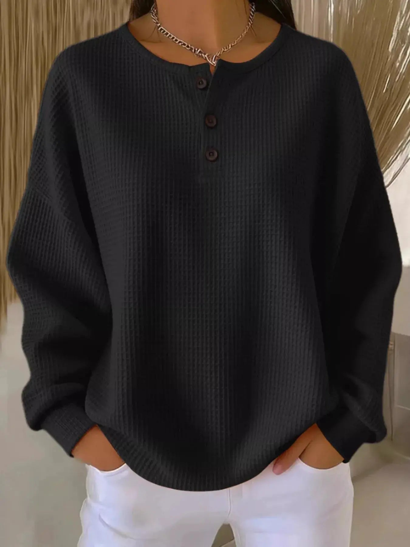 Full Size Waffle Knit Button Detail Top Plus Size by Trendsi