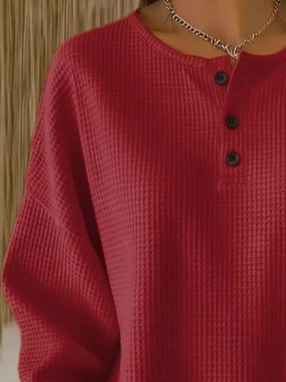 Full Size Waffle Knit Button Detail Top Plus Size by Trendsi
