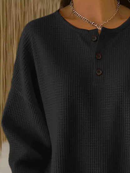 Full Size Waffle Knit Button Detail Top Plus Size by Trendsi