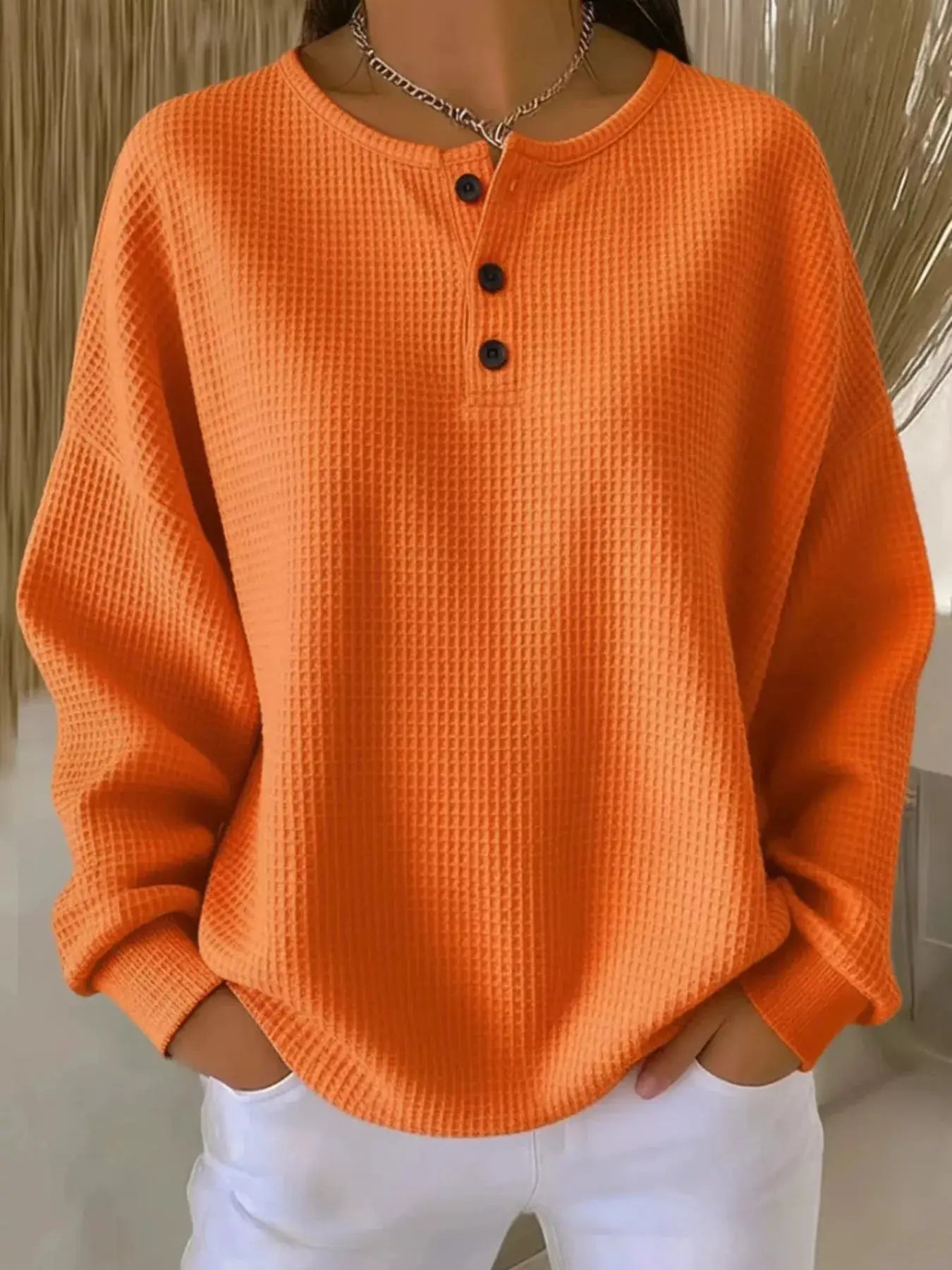 Full Size Waffle Knit Button Detail Top Plus Size by Trendsi