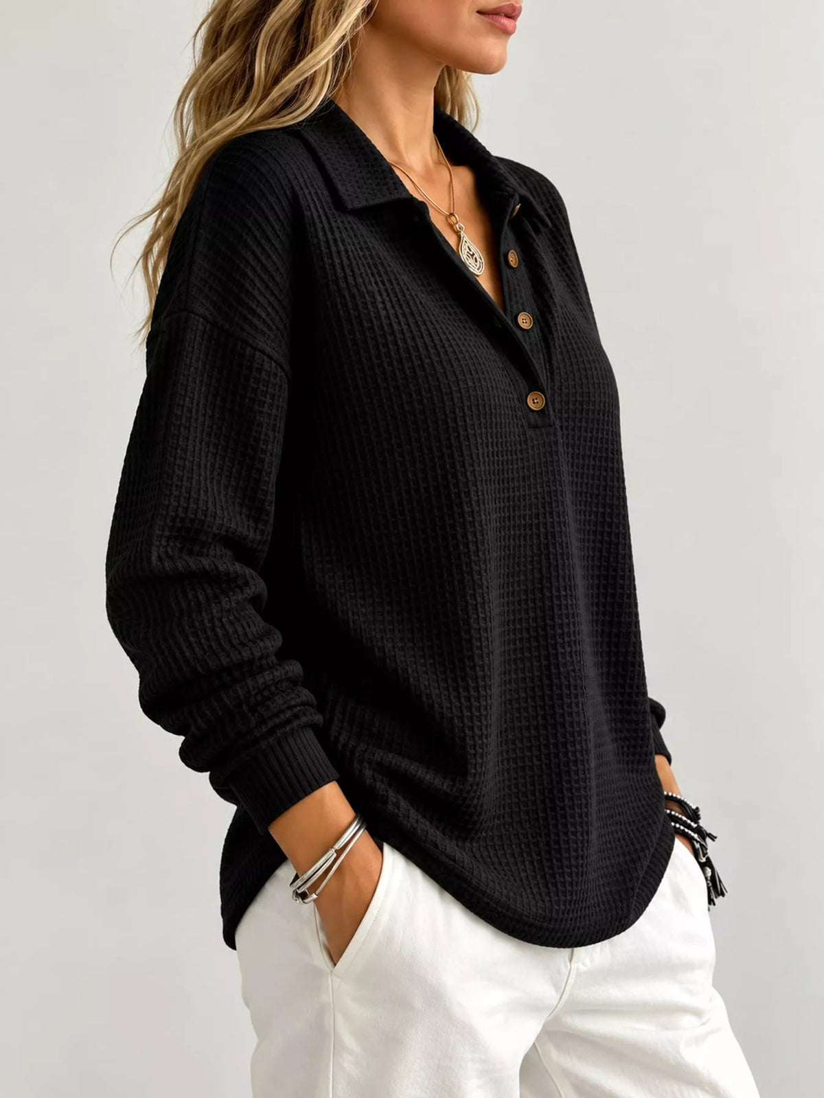 Full Size Waffle Knit Dropped Shoulder Top Plus Size - Bitsy Gypsy Boutique
