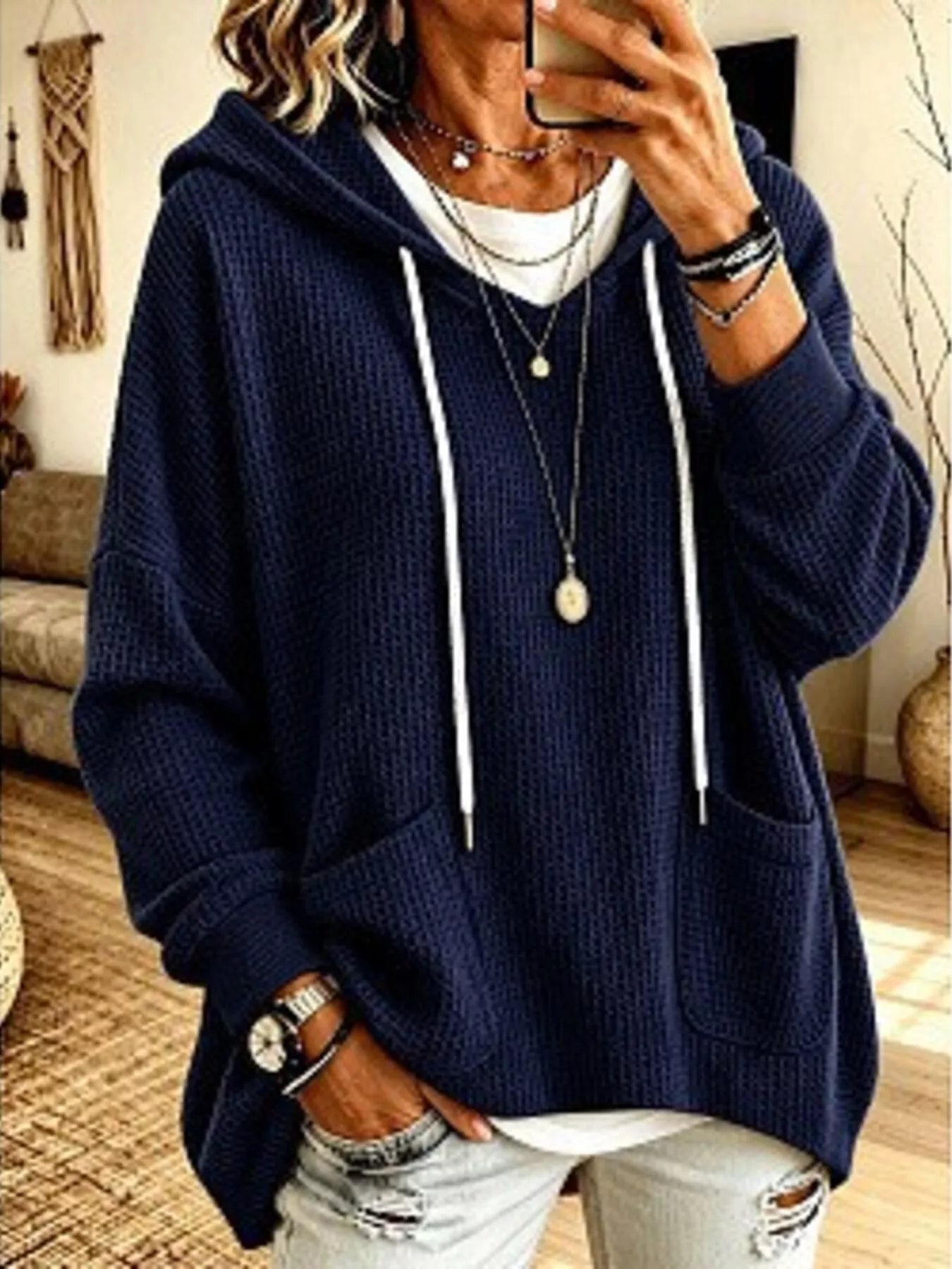Full Size Waffle Knit Hoodie with Pockets Plus Size - Bitsy Gypsy Boutique