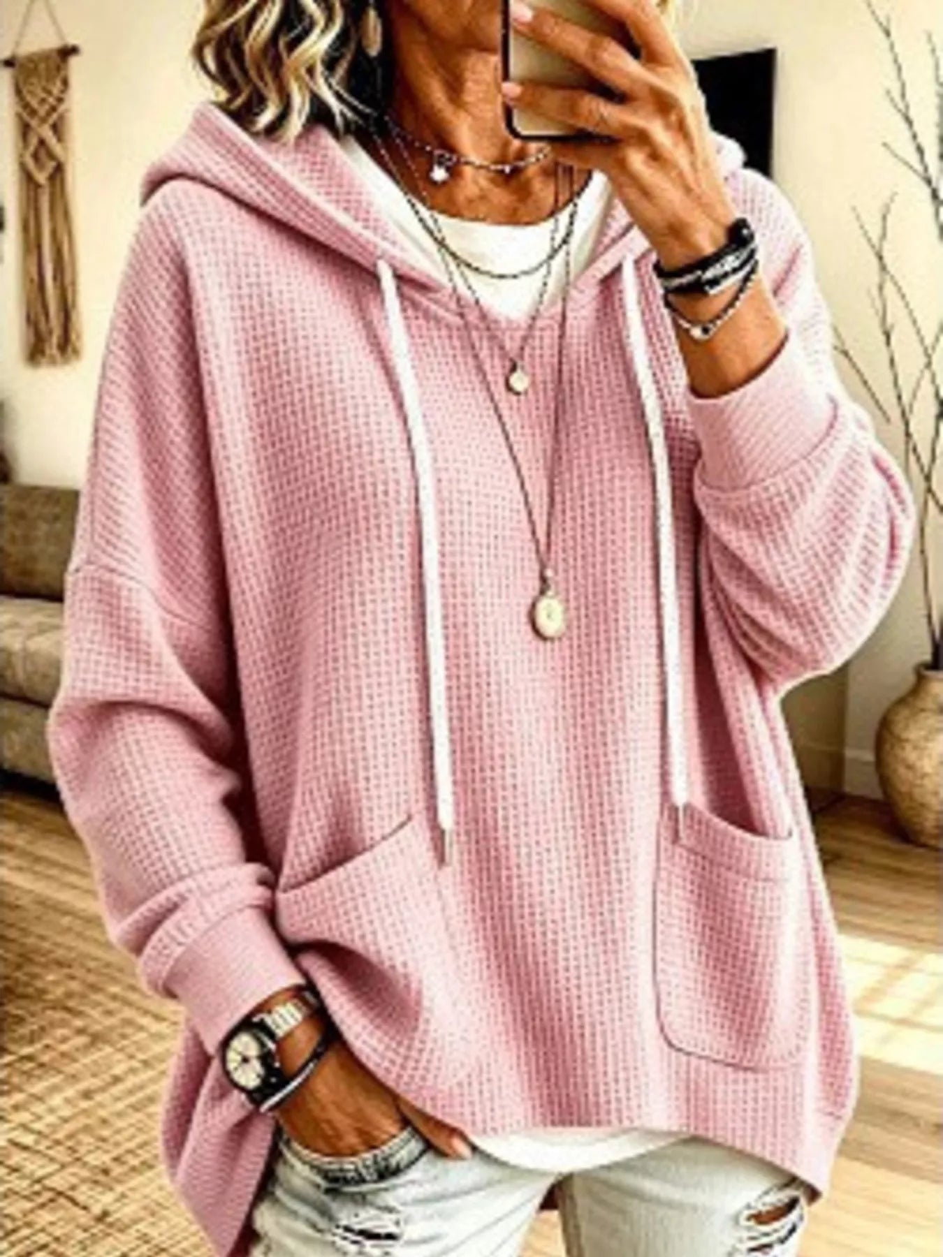 Full Size Waffle Knit Hoodie with Pockets Plus Size - Bitsy Gypsy Boutique