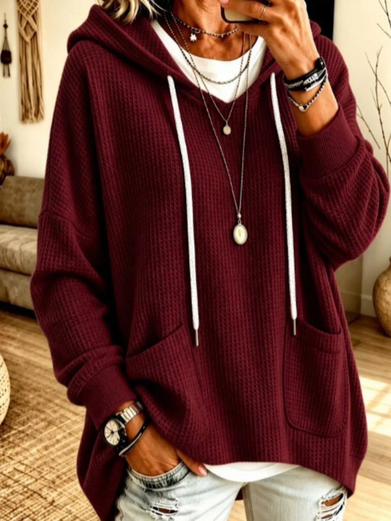 Full Size Waffle Knit Hoodie with Pockets Plus Size - Bitsy Gypsy Boutique