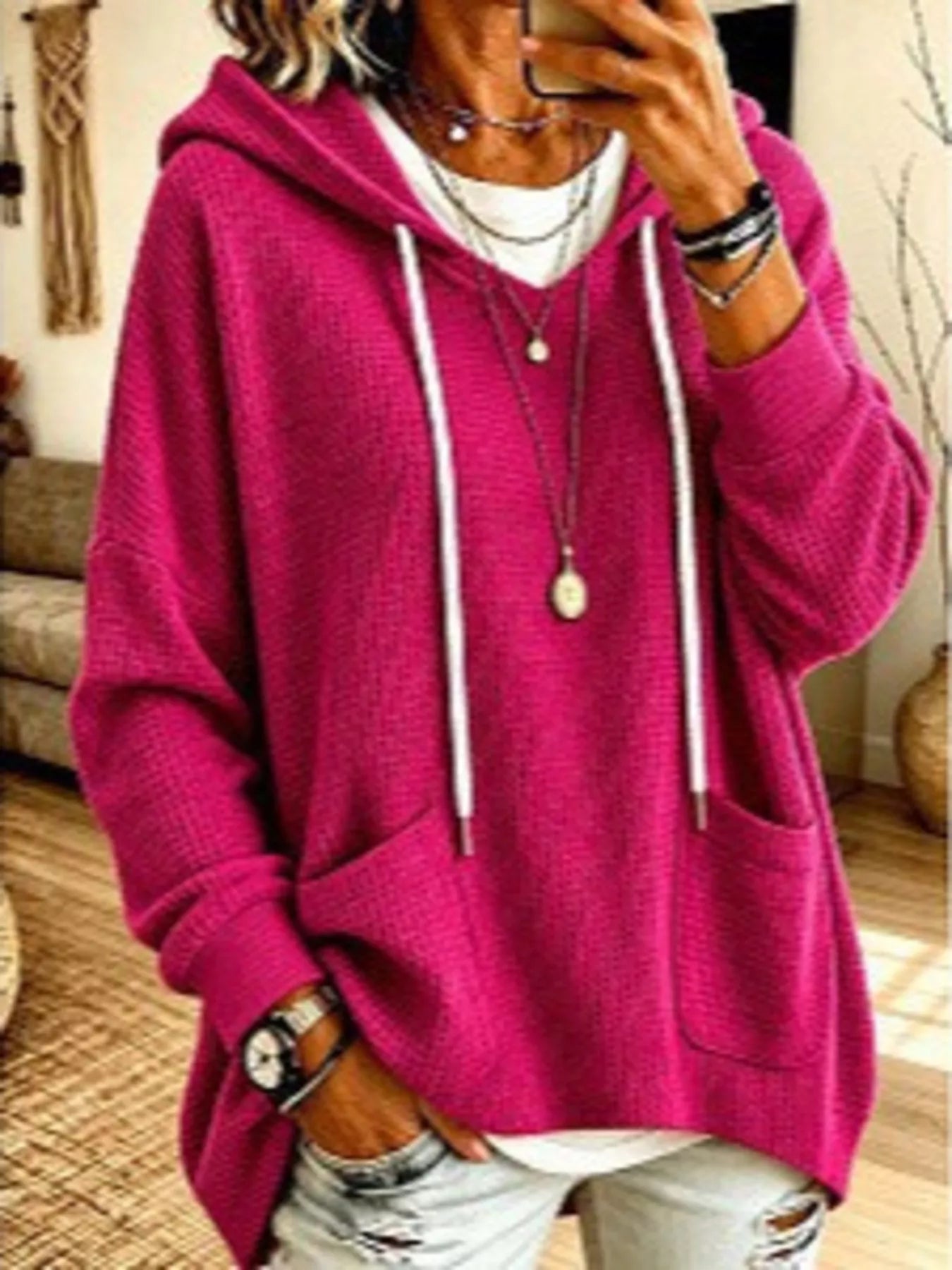 Full Size Waffle Knit Hoodie with Pockets Plus Size - Bitsy Gypsy Boutique