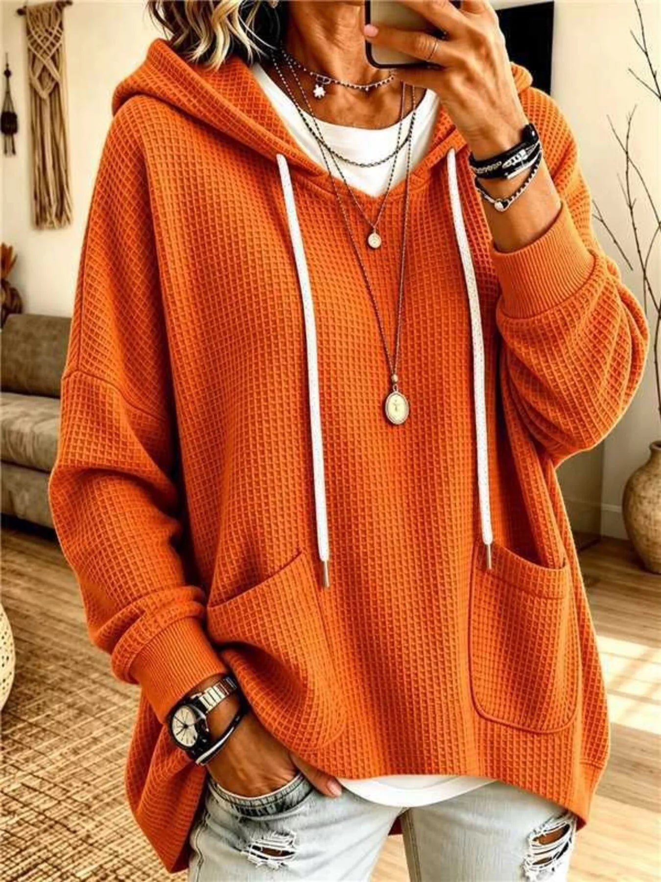 Full Size Waffle Knit Hoodie with Pockets Plus Size - Bitsy Gypsy Boutique