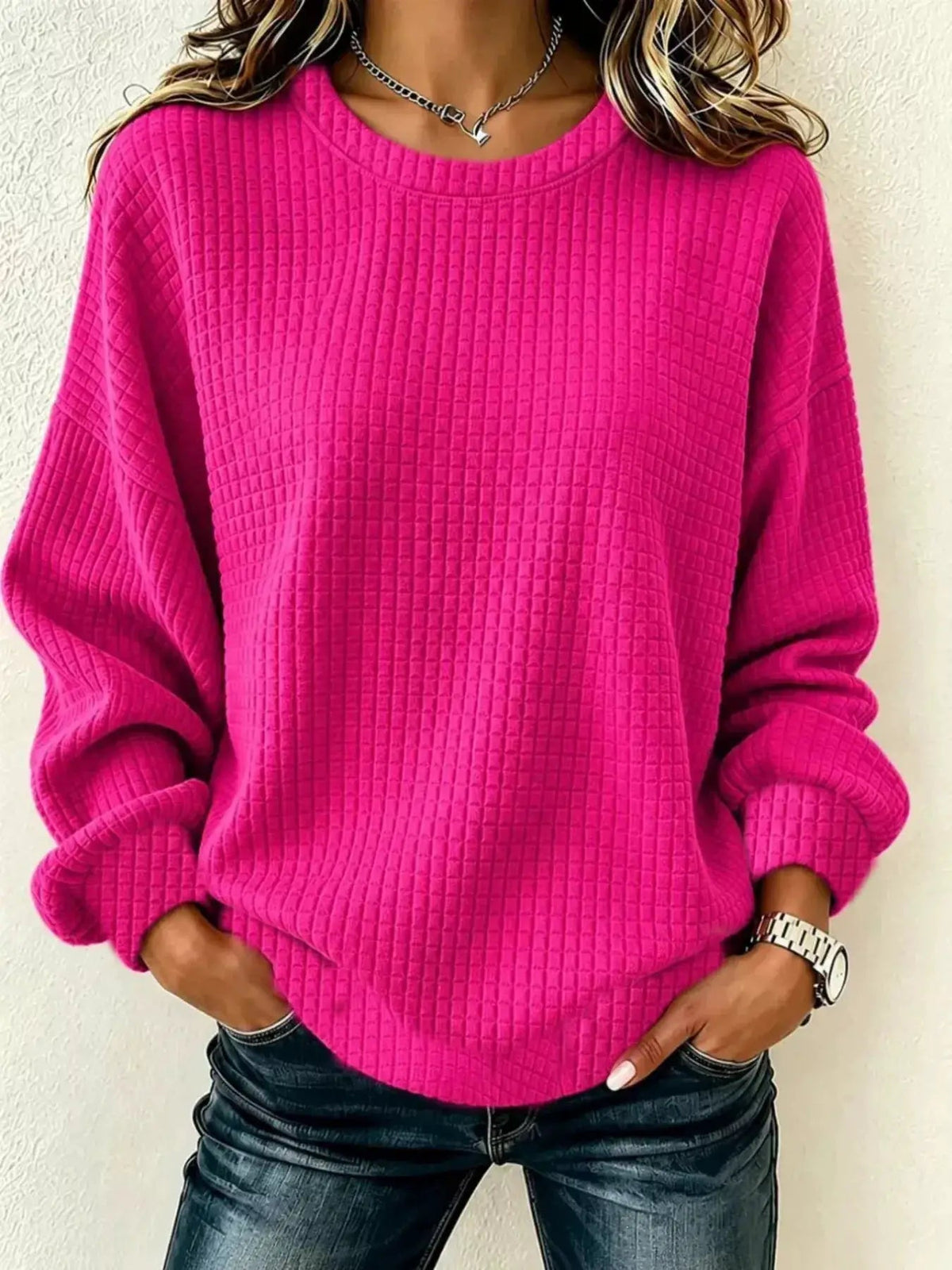 Full Size Waffle Knit Long Sleeve Crew Neck Sweatshirt Plus Size - Bitsy Gypsy Boutique