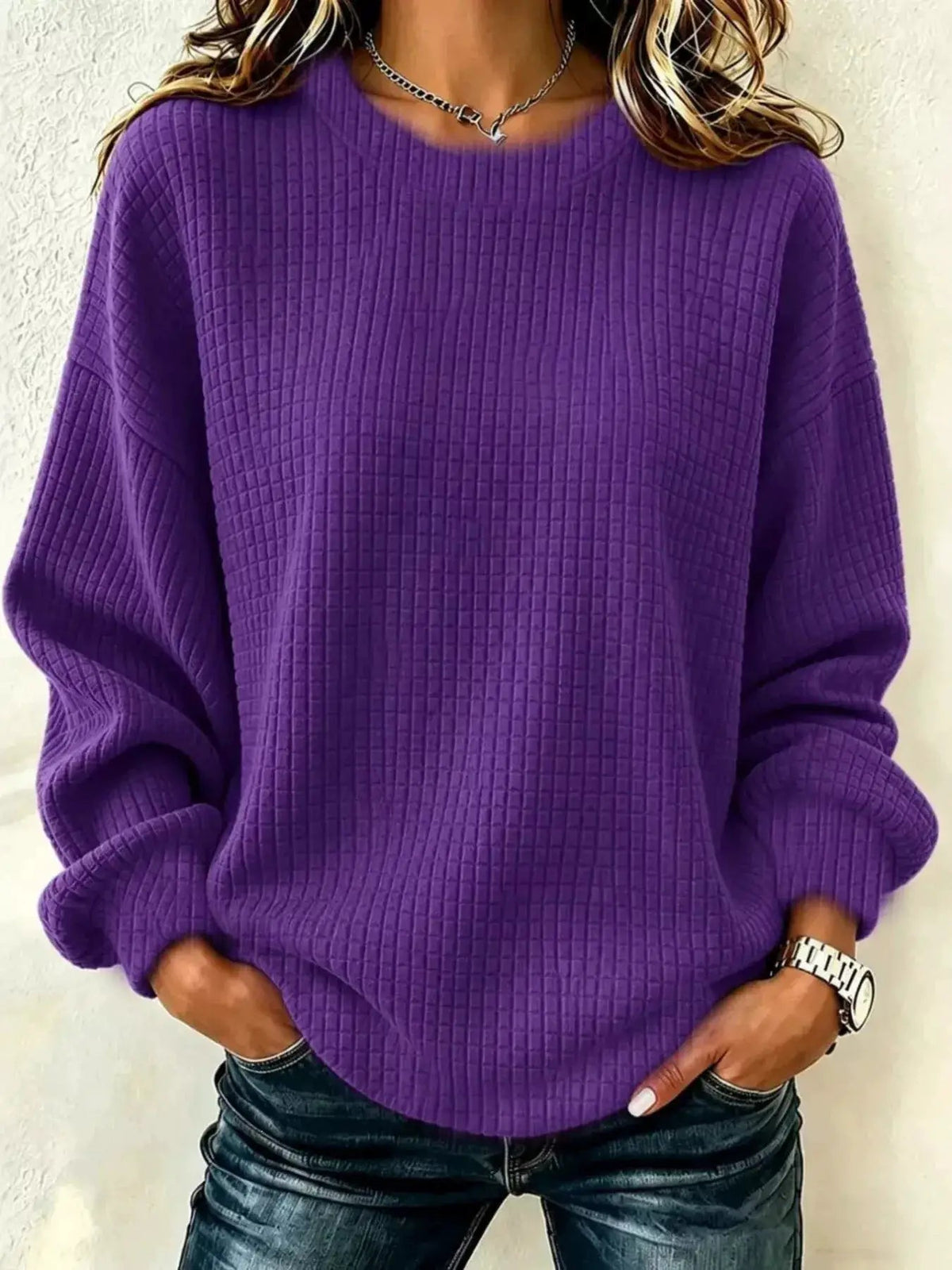 Full Size Waffle Knit Long Sleeve Crew Neck Sweatshirt Plus Size - Bitsy Gypsy Boutique